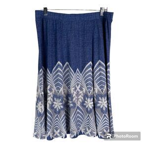 Sami & Jo Blue White A Line Midi Pull On Stretch Denim Embroidered Floral Skirt